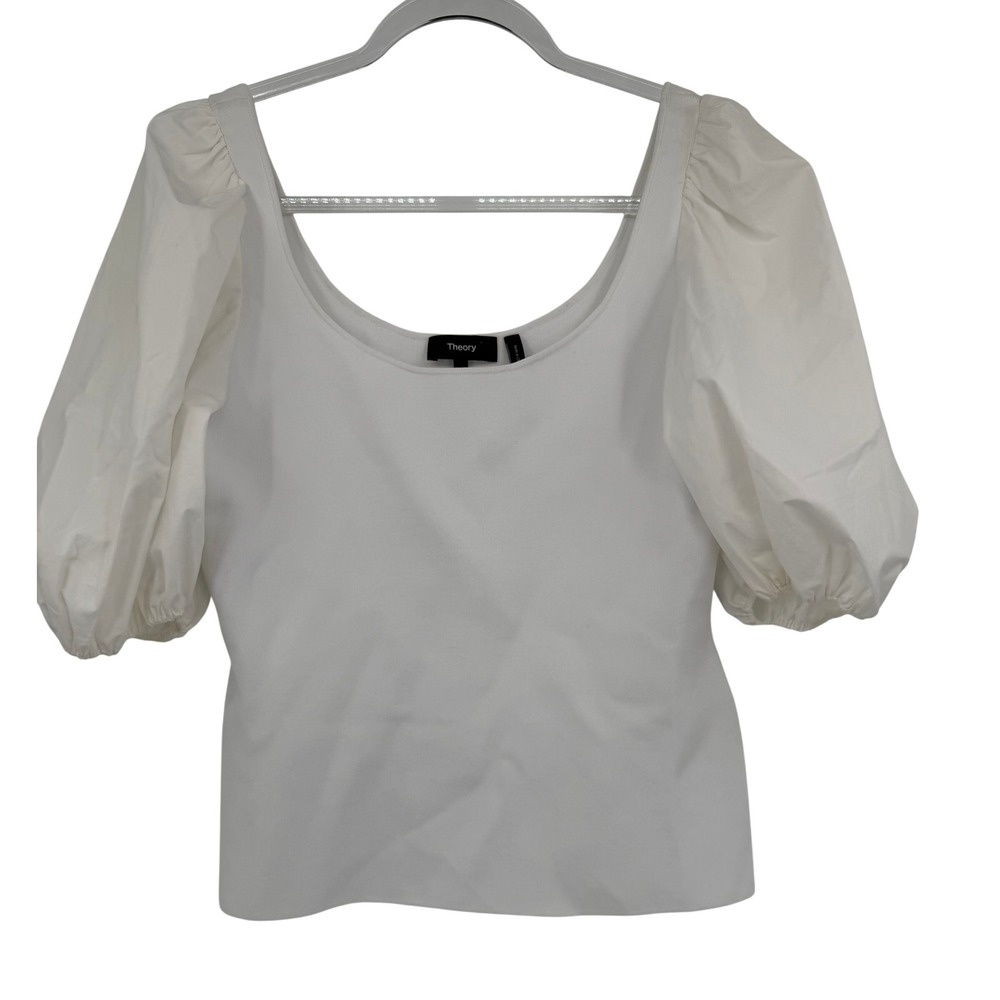 Theory Womens SS Scoop Top Glossed White Puff Sleeve Knit Blouse M0216726 Size M